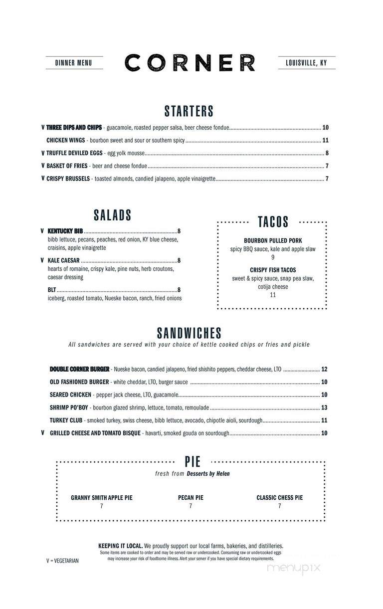 Corner Restaurant & Bar - Louisville, KY menu_pic