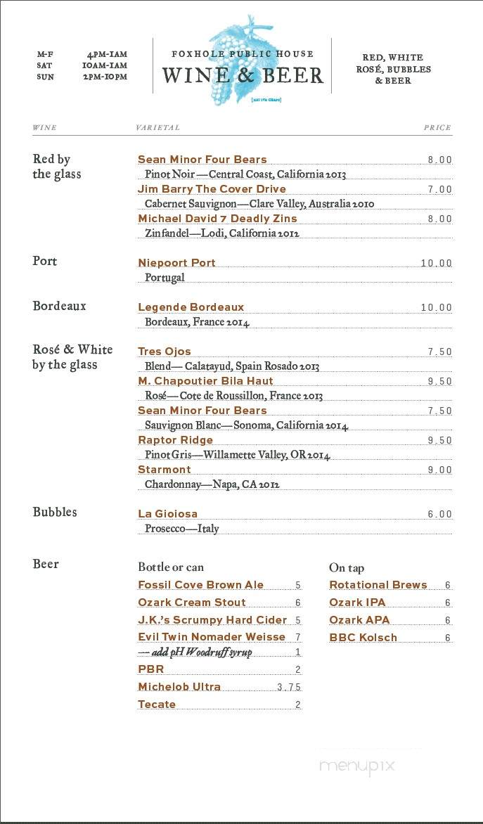 Foxhole Public House - Bentonville, AR menu_pic