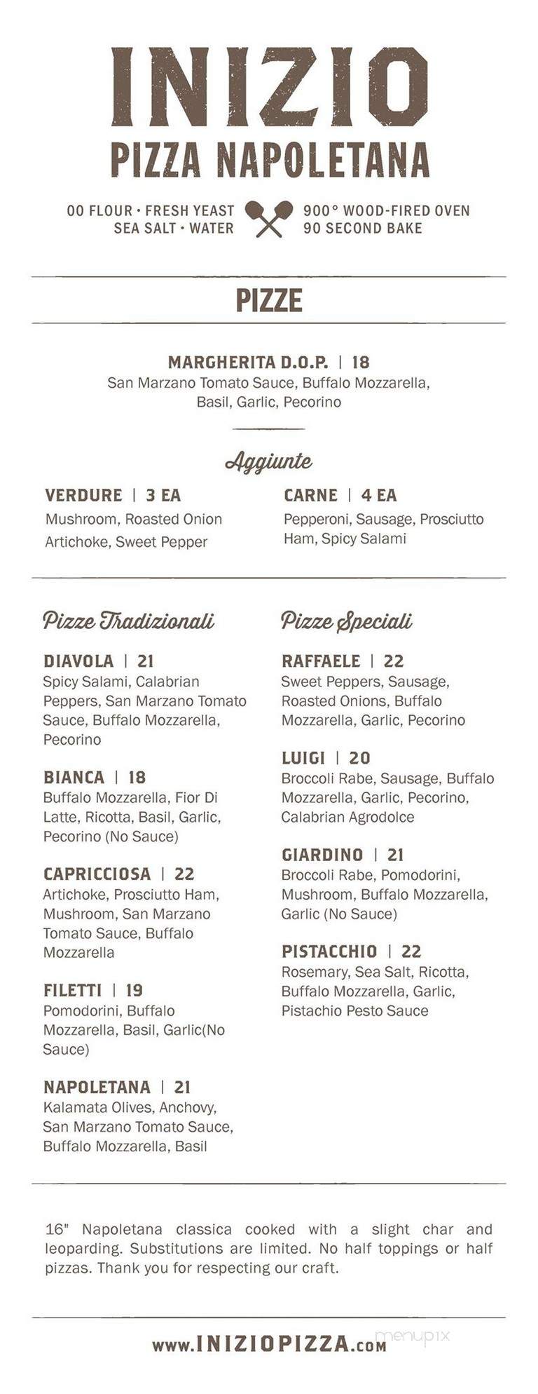 Inizio Pizza Napoletana - Charlotte, NC menu_pic