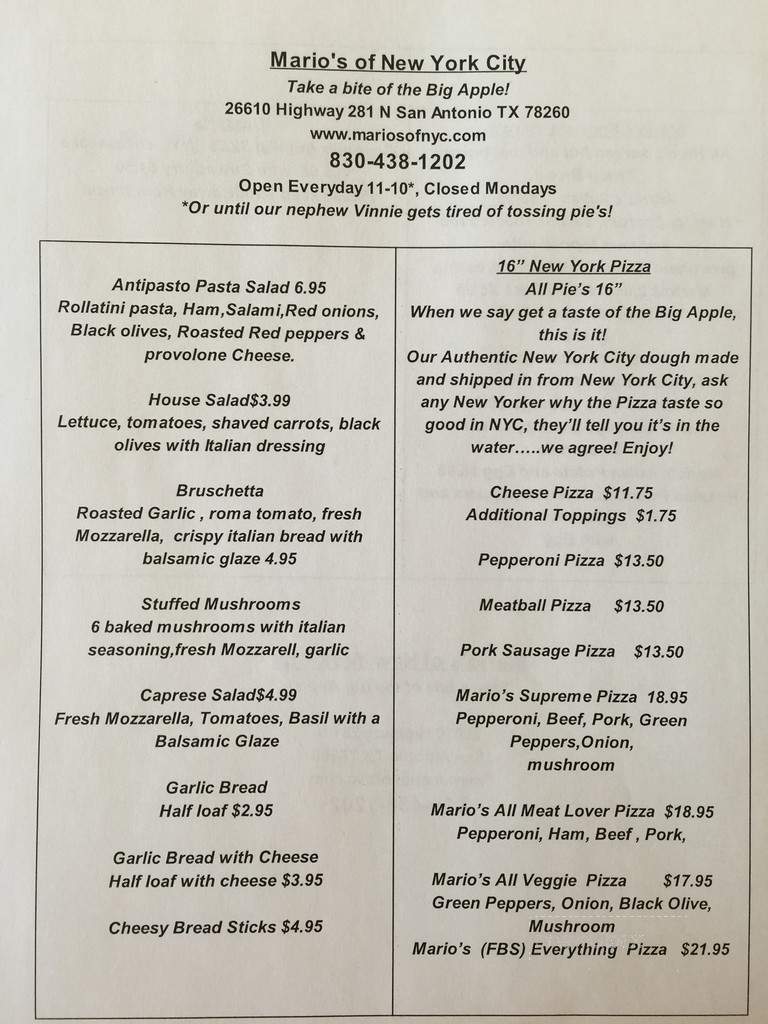 Mario's of New York City - San Antonio, TX menu_pic