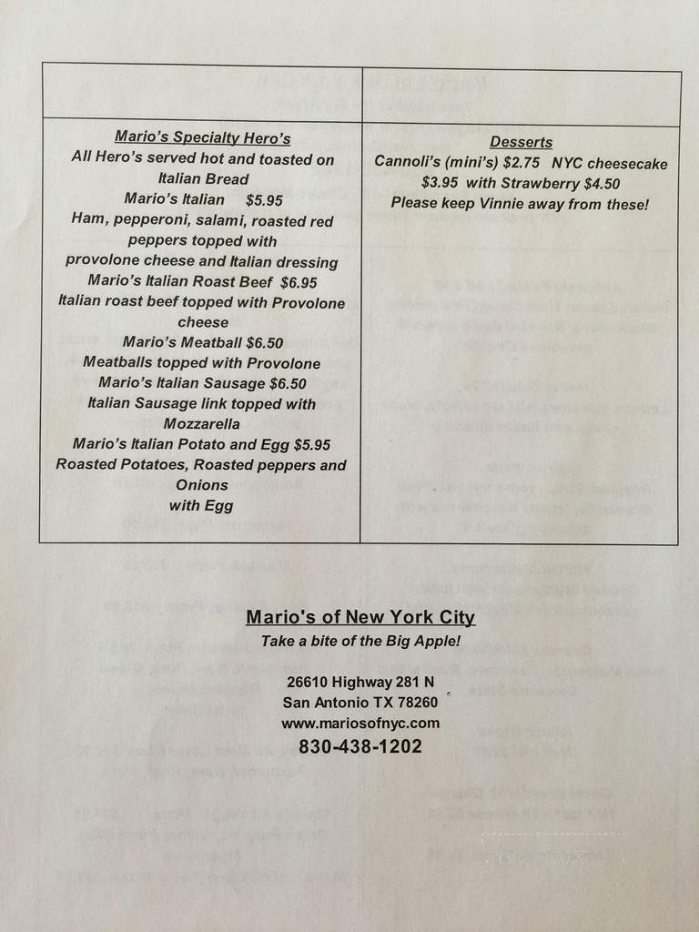 Mario's of New York City - San Antonio, TX menu_pic