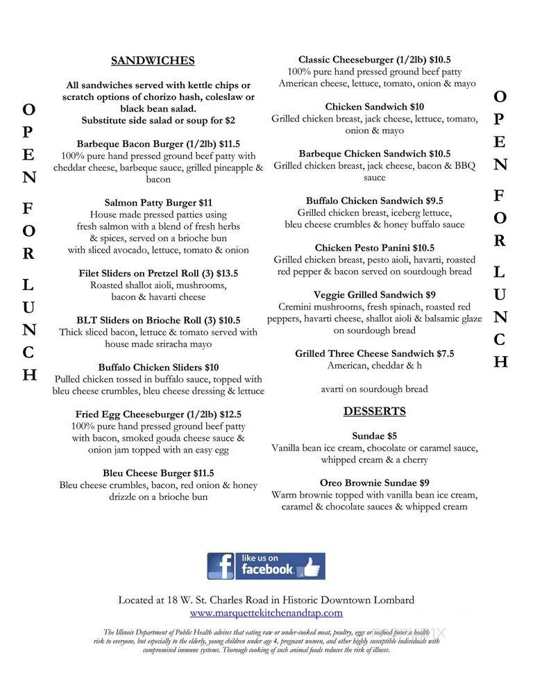 Marquette Kitchen & Tap - Lombard, IL menu_pic