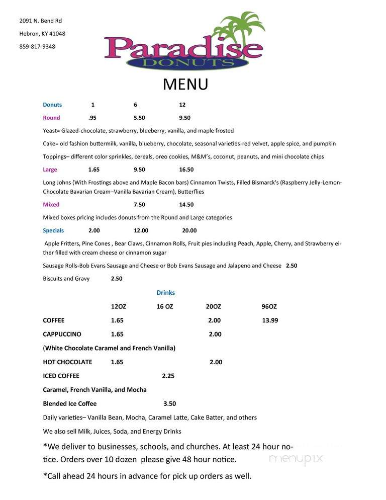 Paradise Donuts - Hebron, KY menu_pic