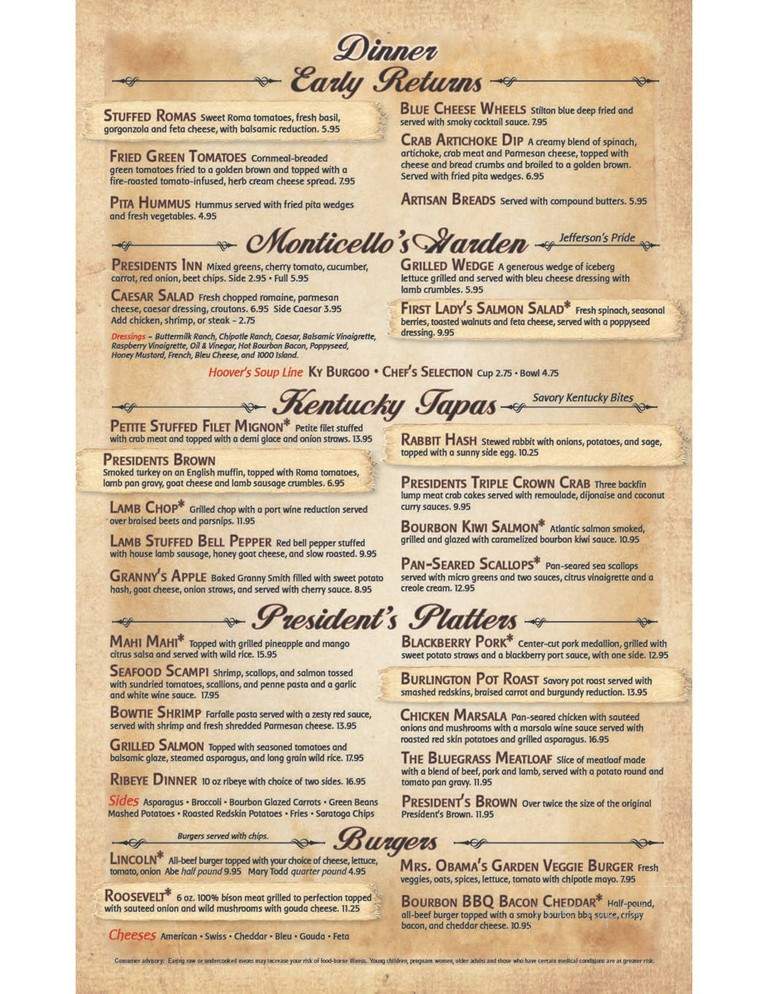 Presidents - Burlington, KY menu_pic