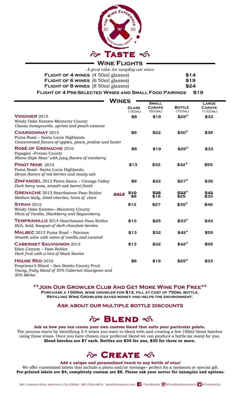 The Wine Experience - Monterey, CA menu_pic