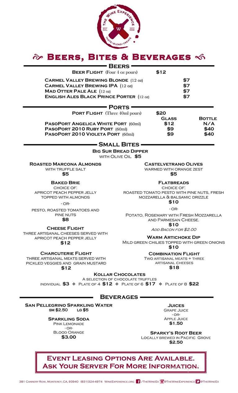 The Wine Experience - Monterey, CA menu_pic
