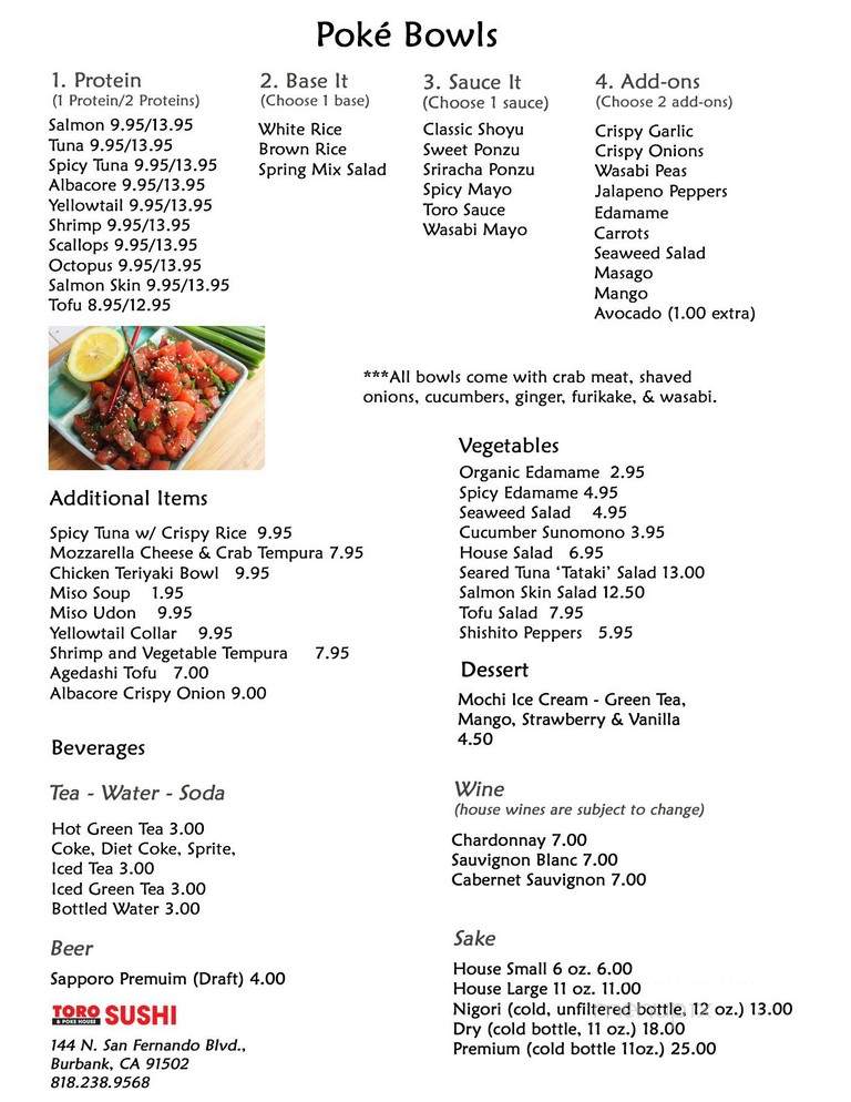 Toro Sushi Poke House - Burbank, CA menu_pic