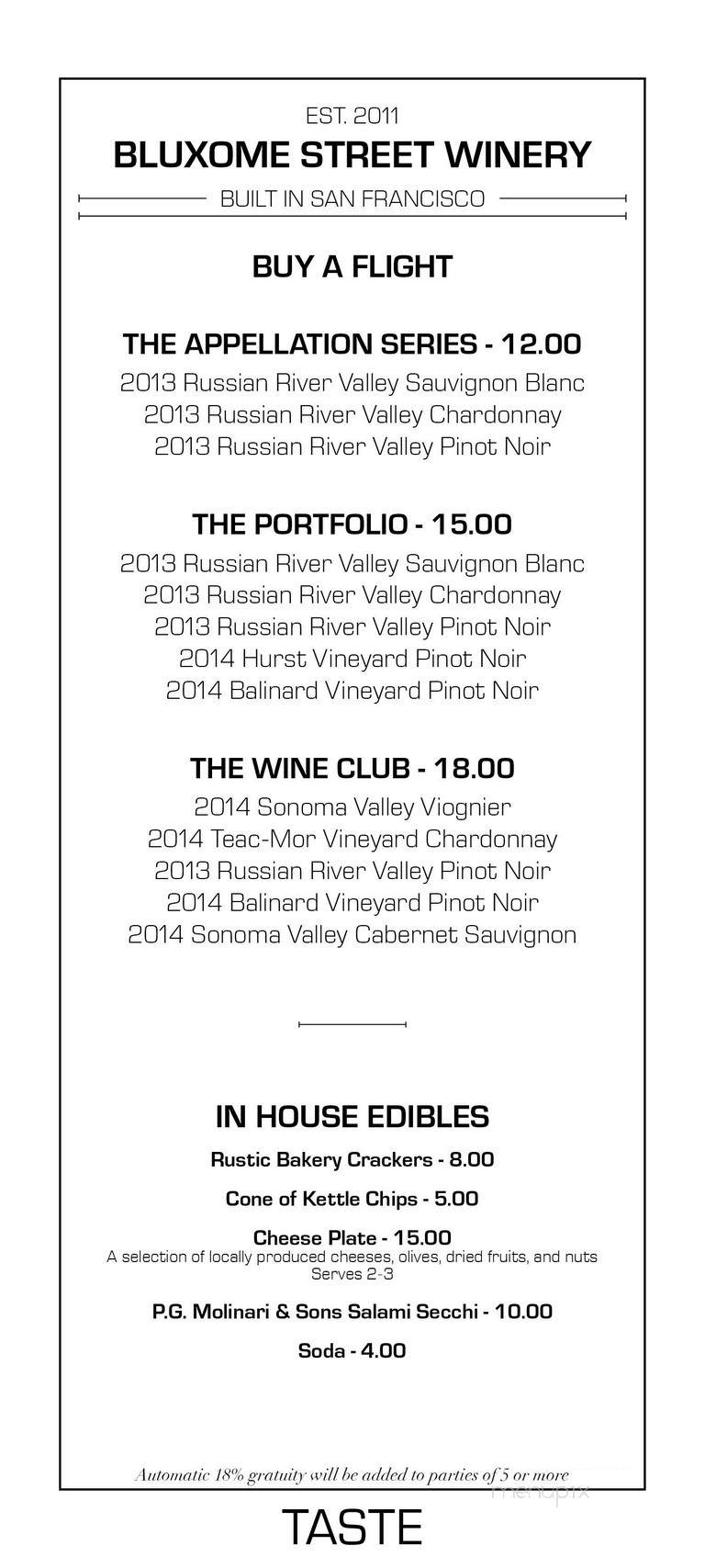 Bluxome Street Winery - San Francisco, CA menu_pic