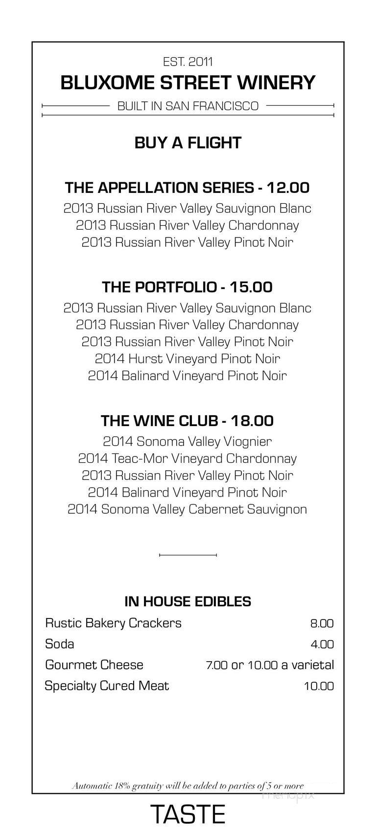 Bluxome Street Winery - San Francisco, CA menu_pic