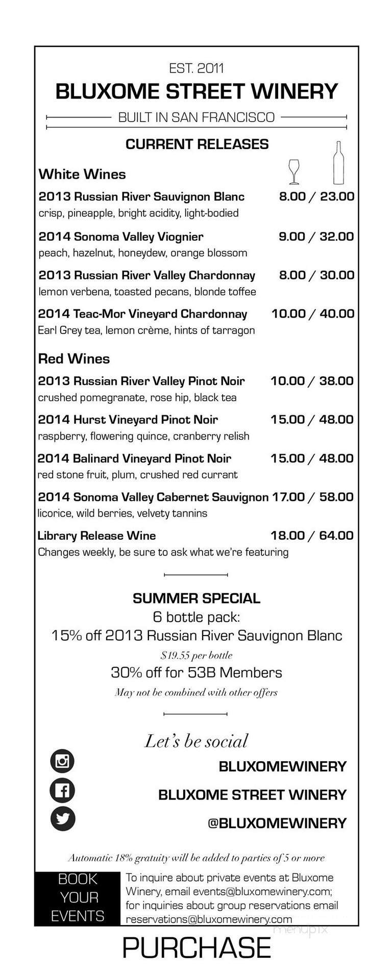 Bluxome Street Winery - San Francisco, CA menu_pic