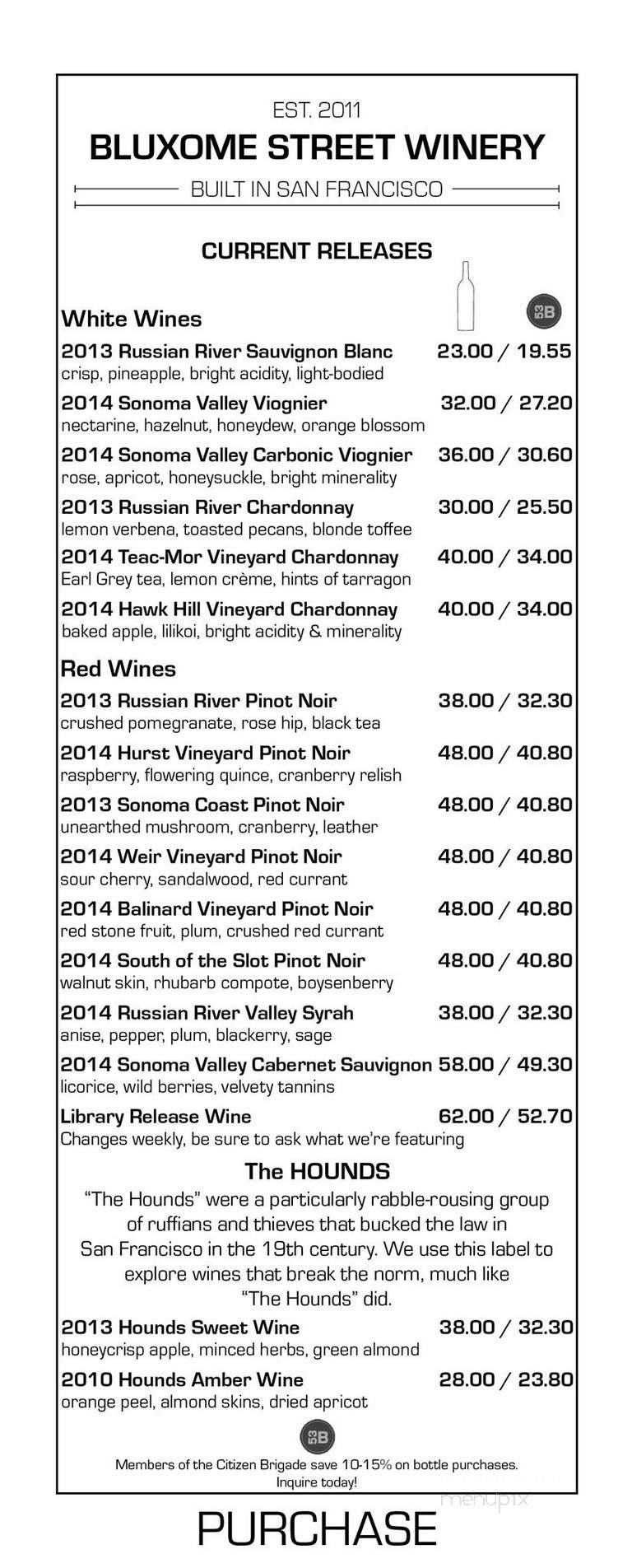 Bluxome Street Winery - San Francisco, CA menu_pic