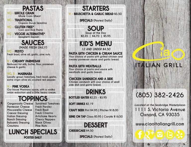 Ciao Italian Grill - Oxnard, CA menu_pic
