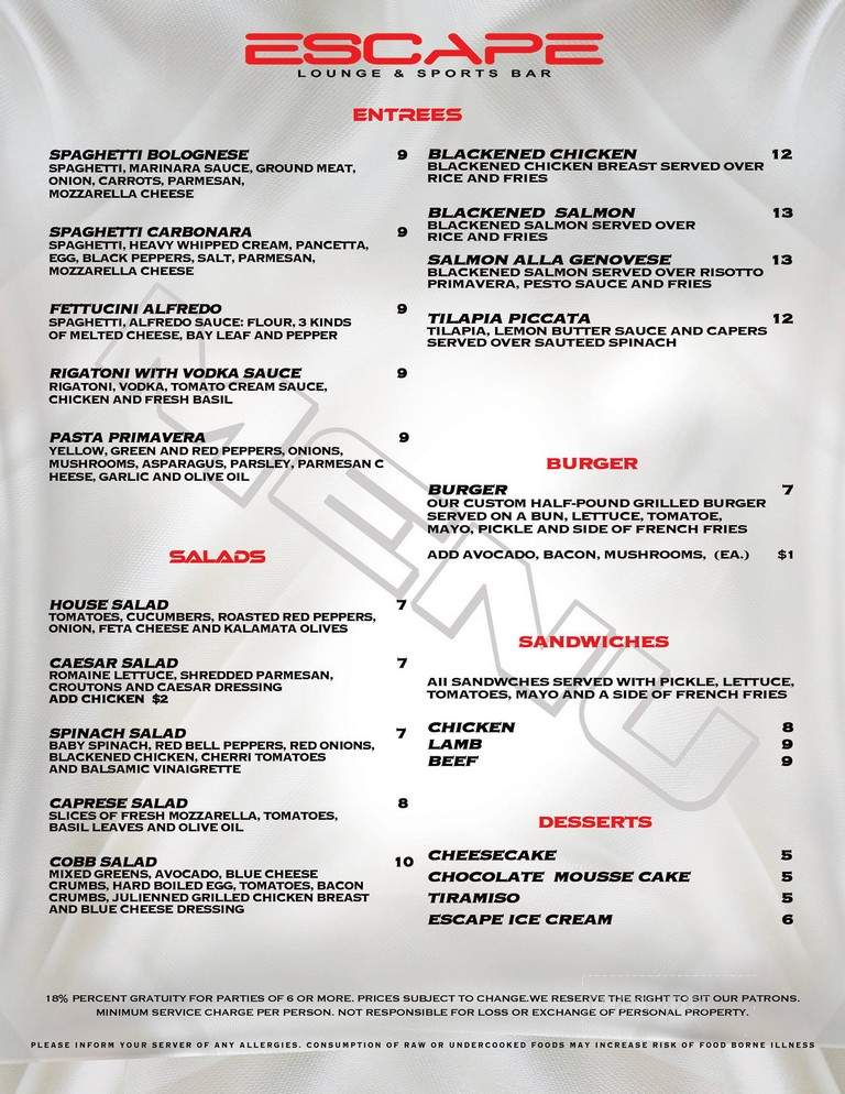 Escape Lounge & Sports Bar - Schaumburg, IL menu_pic