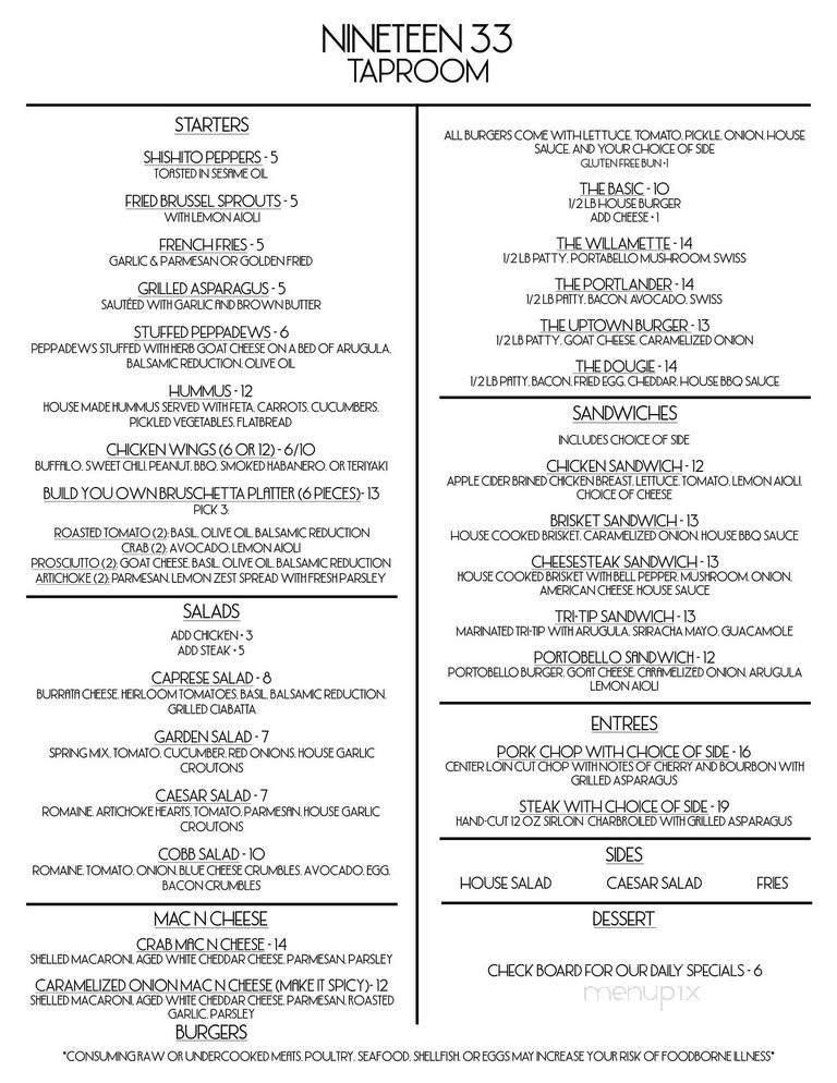 Nineteen 33 Taproom - West Linn, OR menu_pic