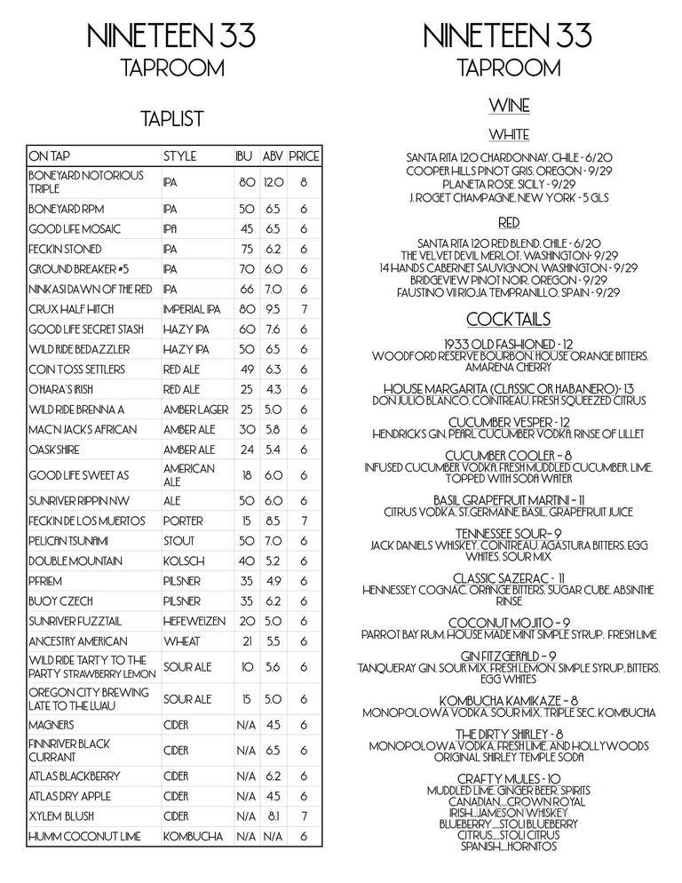 Nineteen 33 Taproom - West Linn, OR menu_pic