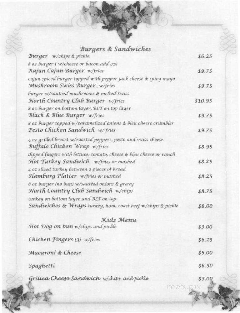 North Country Club Restaurant - Keeseville, NY menu_pic