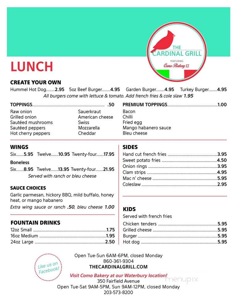 The Cardinal Grill Featuring Como Bakery Ii - Morris, CT menu_pic