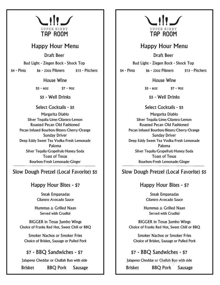 Upper Kirby Tap Room - Houston, TX menu_pic