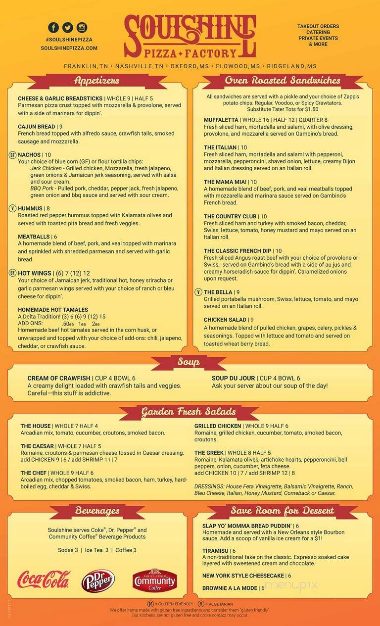 Soulshine Pizza Factory - Franklin, TN menu_pic