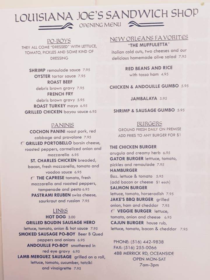 Louisiana Joe's Sandwich Shop - Oceanside, NY menu_pic