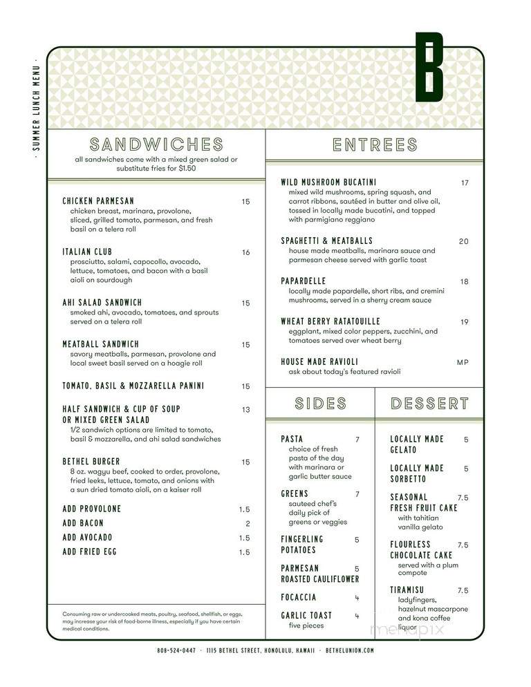 Bethel Union - Honolulu, HI menu_pic