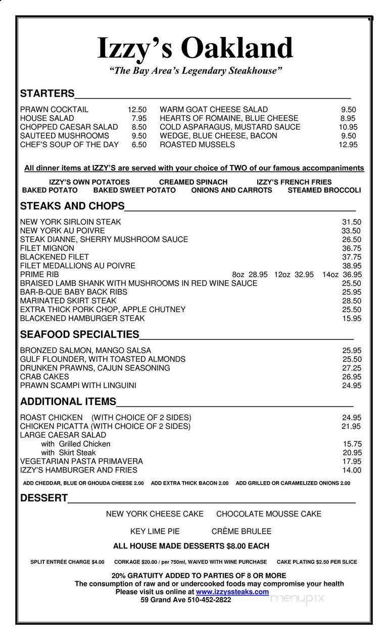 Izzy's Steak & Chop House - Oakland, CA menu_pic