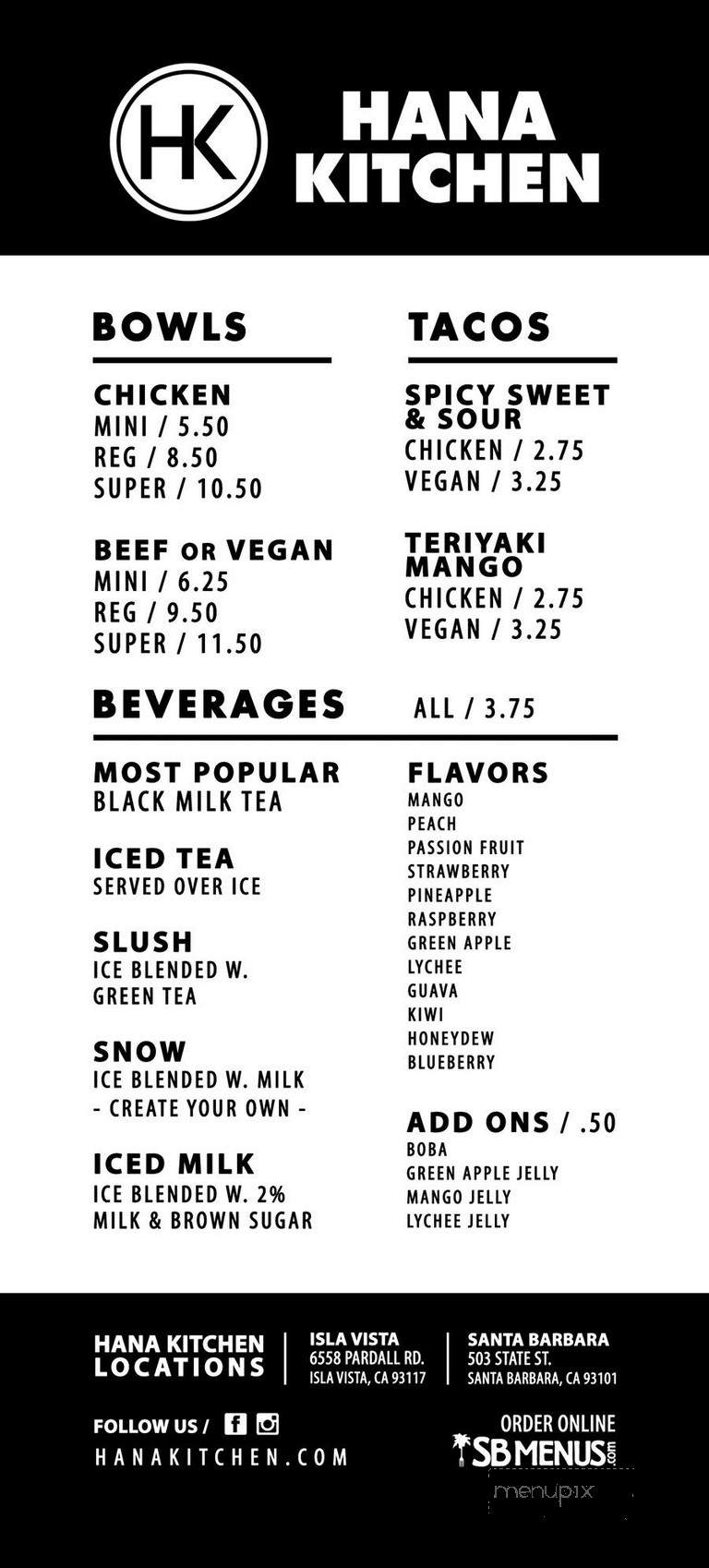 Hana Kitchen - Santa Barbara, CA menu_pic