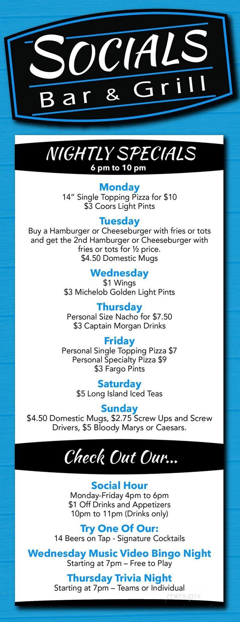 Social's Bar and Grill - Fergus Falls, MN menu_pic