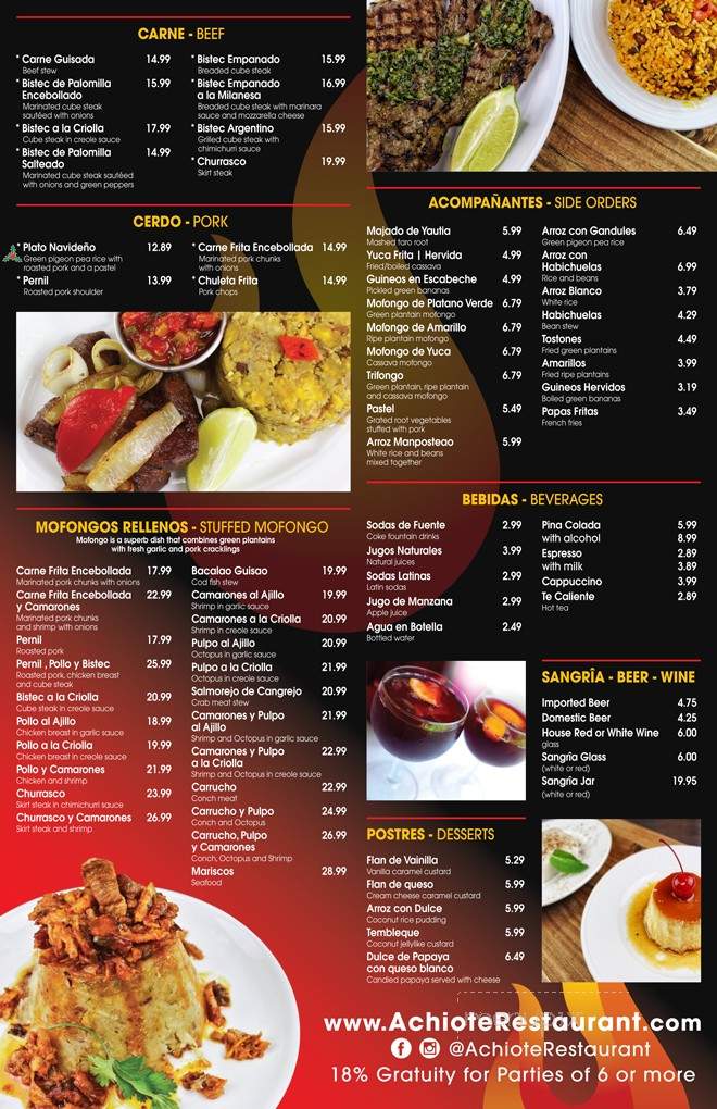 Achiote Puerto Rican Restaurant - Orlando, FL menu_pic