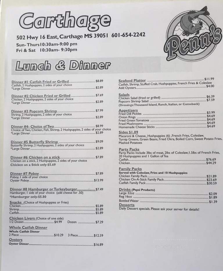 Penns - Carthage, MS menu_pic