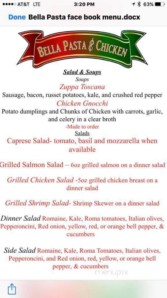 Bella Pasta & Seafood - Pueblo West, CO menu_pic