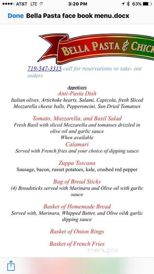 Bella Pasta & Seafood - Pueblo West, CO menu_pic