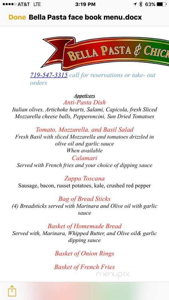 Bella Pasta & Seafood - Pueblo West, CO menu_pic