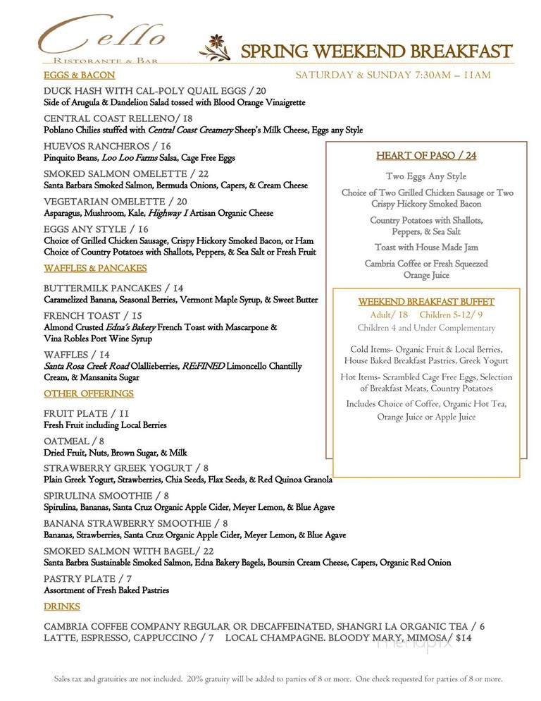 Cello Ristorante & Bar - Paso Robles, CA menu_pic
