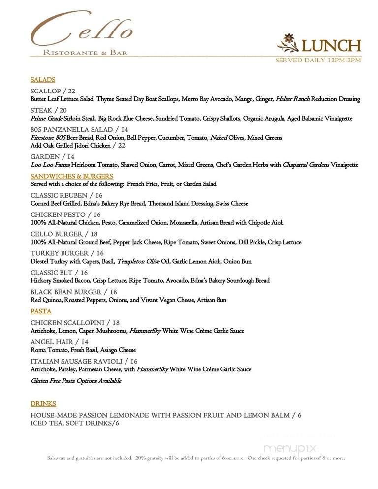 Cello Ristorante & Bar - Paso Robles, CA menu_pic