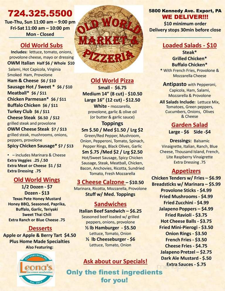 Old World Market & Pizzeria - Export, PA menu_pic