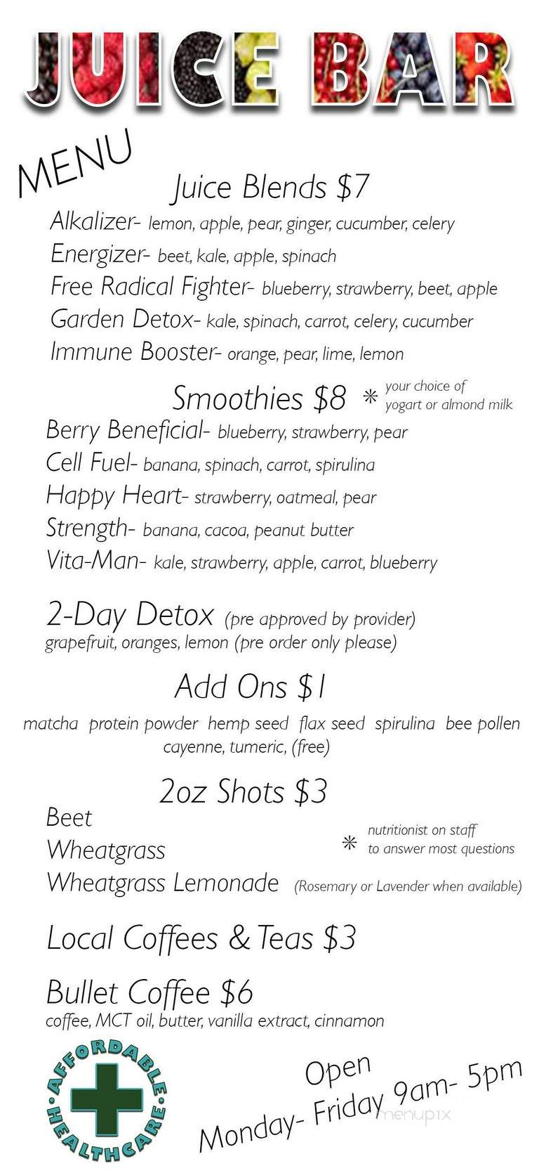 Affordable Heath Care Juice Bar - Bluffton, SC menu_pic