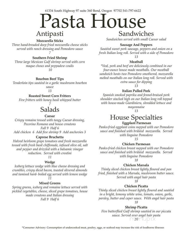 Pasta House - Bend, OR menu_pic