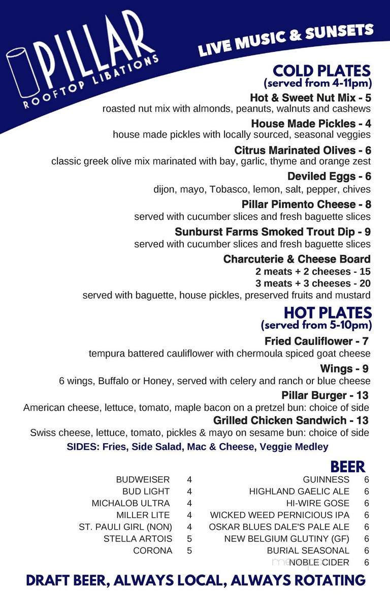 Pillar Rooftop Bar - Asheville, NC menu_pic