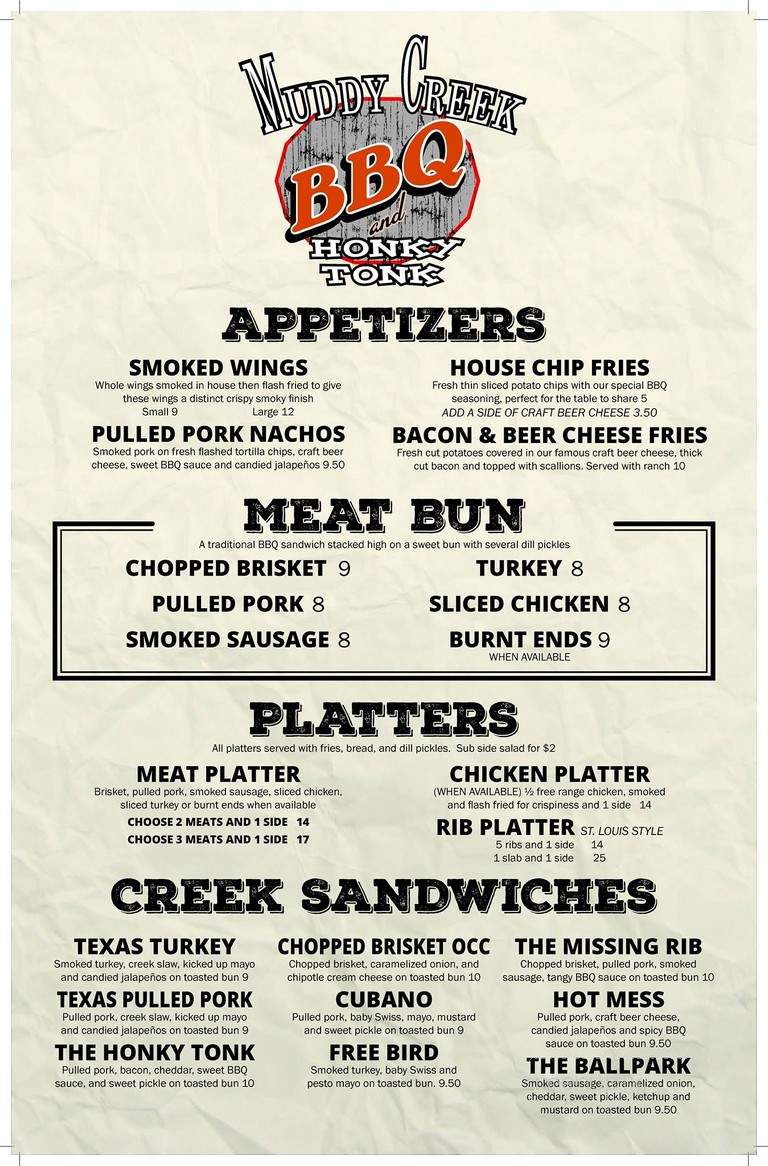Muddy Creek BBQ & Honky Tonk - Warrensburg, MO menu_pic