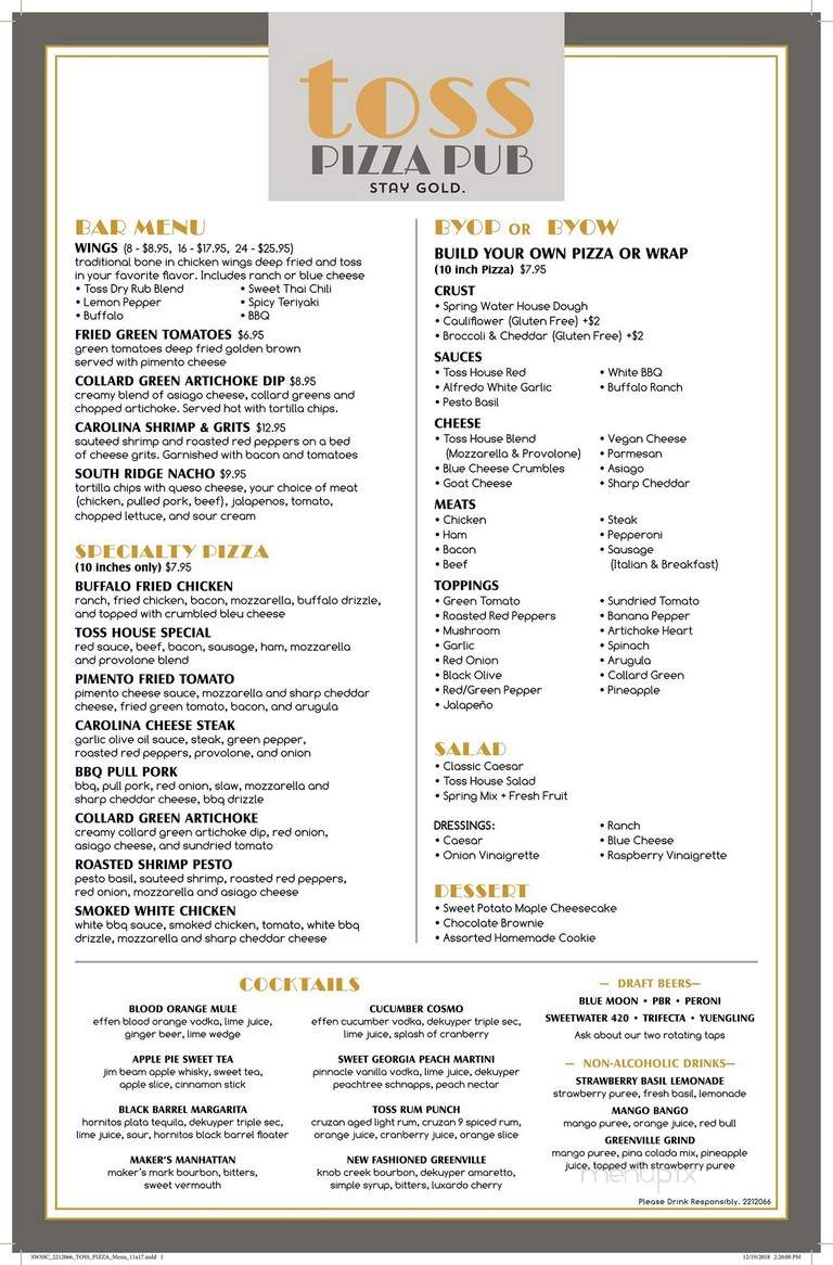 Toss Pizza Pub - Greenville, SC menu_pic
