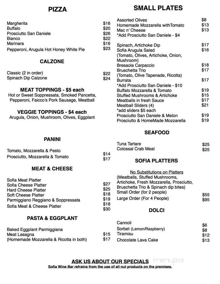 Sofia Pizza Shoppe - New York, NY menu_pic