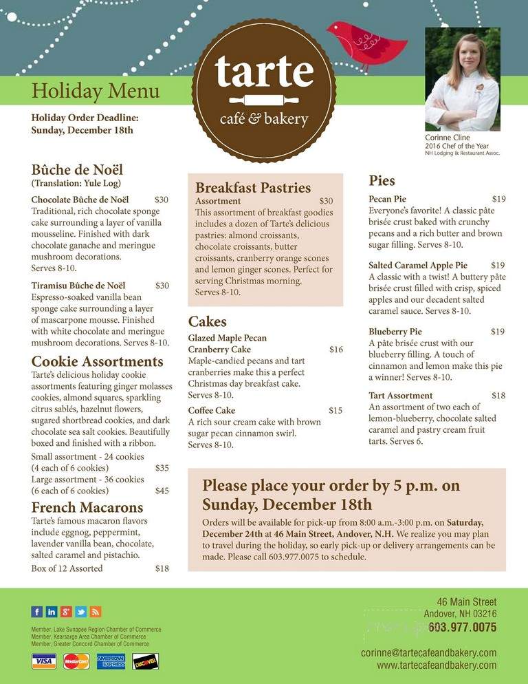 Tarte Cafe and Bakery - Andover, NH menu_pic