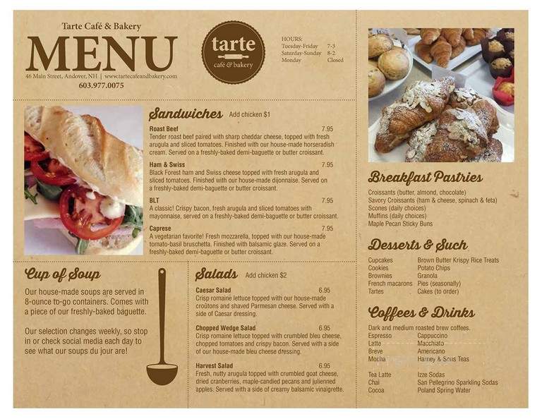 Tarte Cafe and Bakery - Andover, NH menu_pic