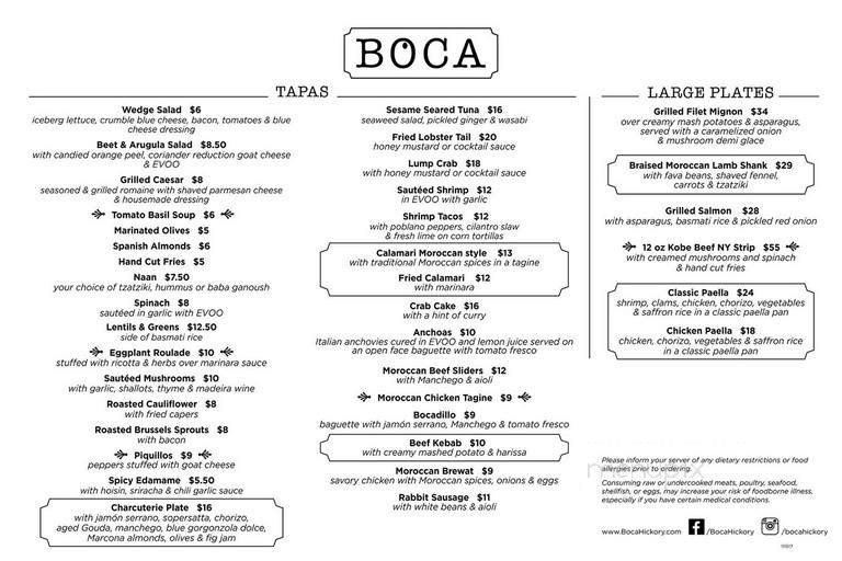 Boca - Hickory, NC menu_pic