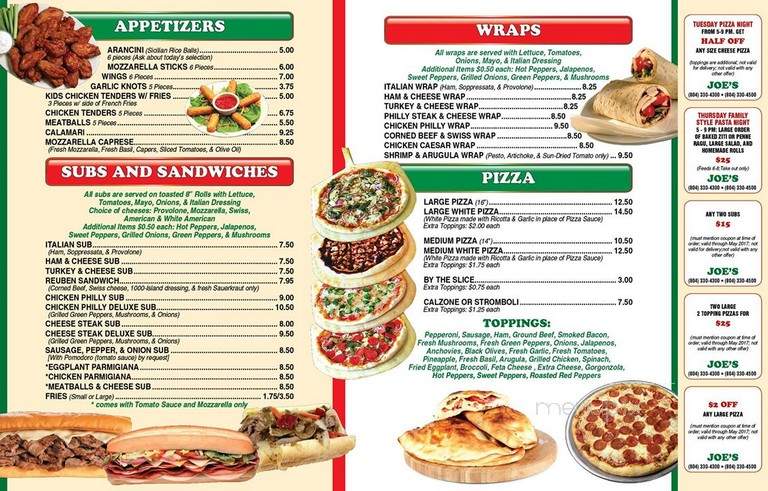 Joe's Subs Pizza and Salads - Richmond, VA menu_pic