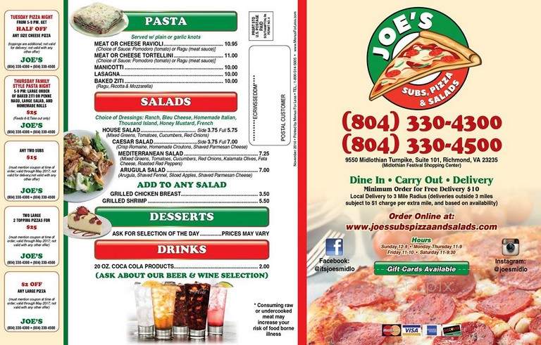 Joe's Subs Pizza and Salads - Richmond, VA menu_pic
