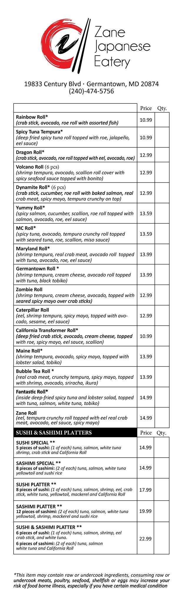 Zane Japanese Eatery - Germantown, MD menu_pic