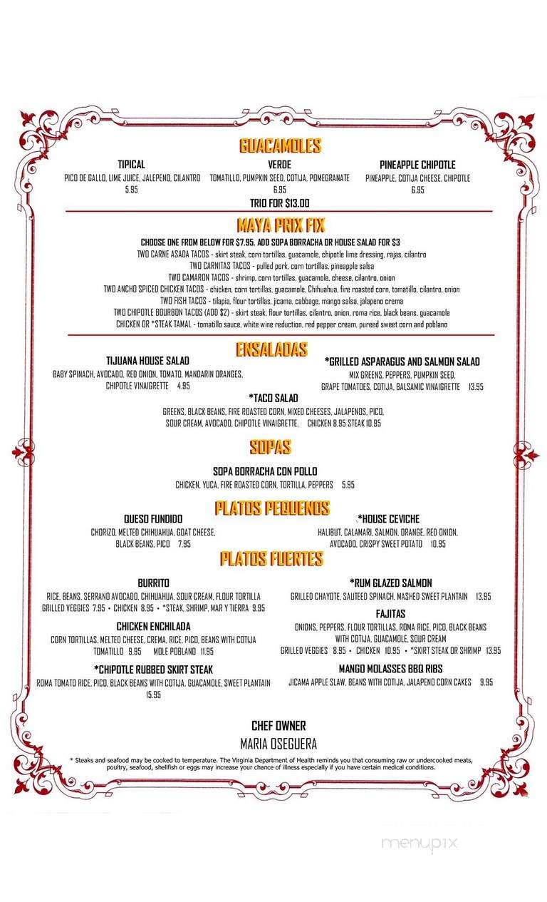 Maya Mexican Grill And Tequila Lounge - Richmond, VA menu_pic