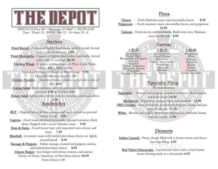 The Depot - Micanopy, FL menu_pic